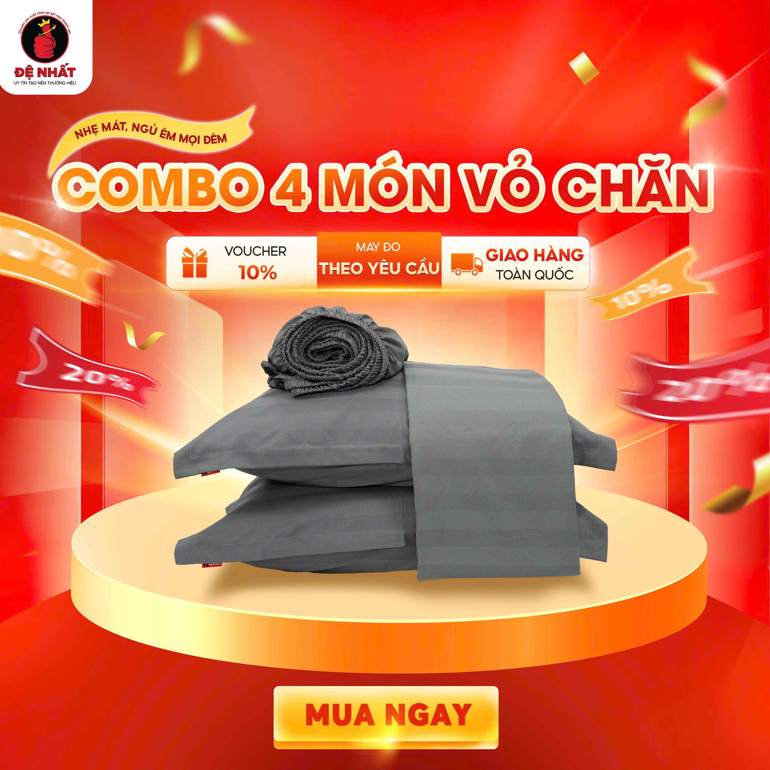 COMBO 4 MÓN VỎ CHĂN MÀU XÁM GHI gồm 1 ga giường 2 vỏ gối nằm 1 vỏ chăn chất vải T200 sọc mờ khách sạn 3F mềm mại thoáng khí chuẩn phòng cao cấp